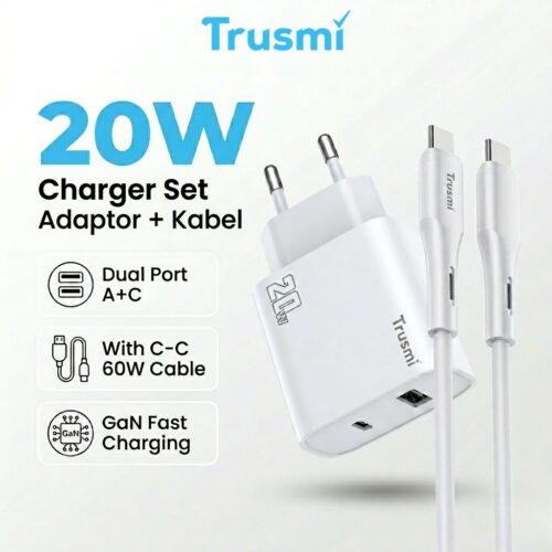 Adaptor Charger Set 20W 2Port USB + Kabel Type C GaN Fast Charging 